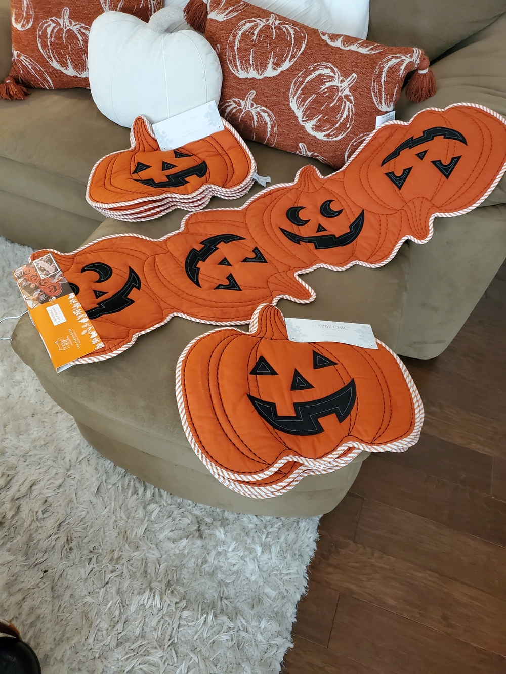 Shabby Chic Orange and Black Pumpkin Table Runner and Placemats